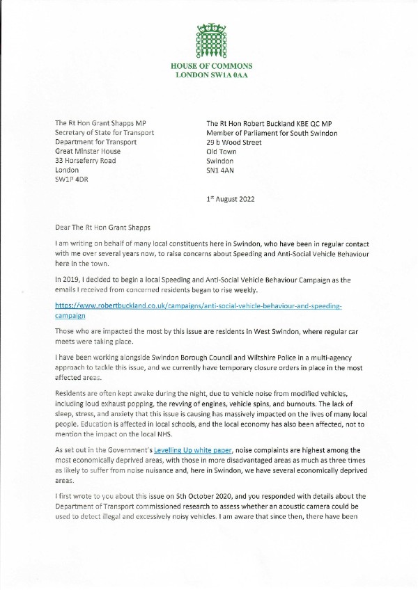Letter to Transport Secretary