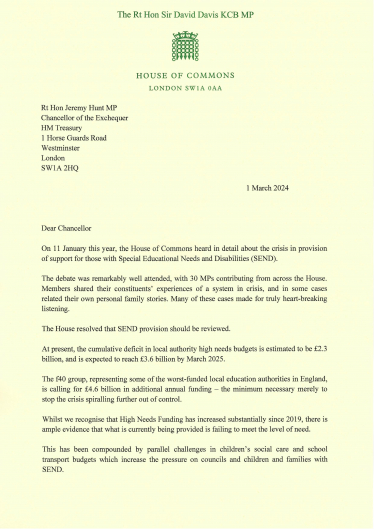 Letter to Chancellor on SEND in the Budget 1