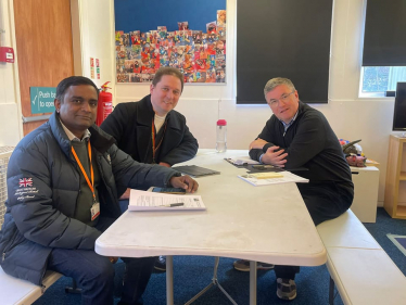 The Rt Hon Sir Robert Buckland KBE KC MP Photographed with Cllr Suresh Gattapur and Cllr Keith Williams at the Shaw Ward Surgery
