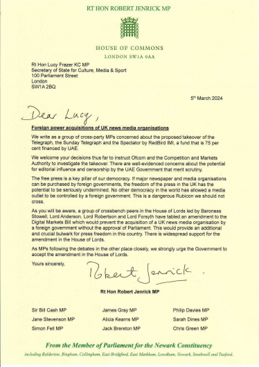 An image of the joint letter sent to the Secretary of State